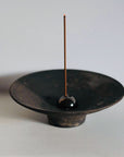 Incense Holder. Raw Black Stoneware Incense Bowl, Cloud Glaze.