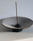 Incense Holder. Raw Black Stoneware Incense Bowl, Cloud Glaze.