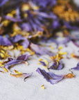 Scattered blue and yellow dried blue lotus flowers with a white cup in the background
