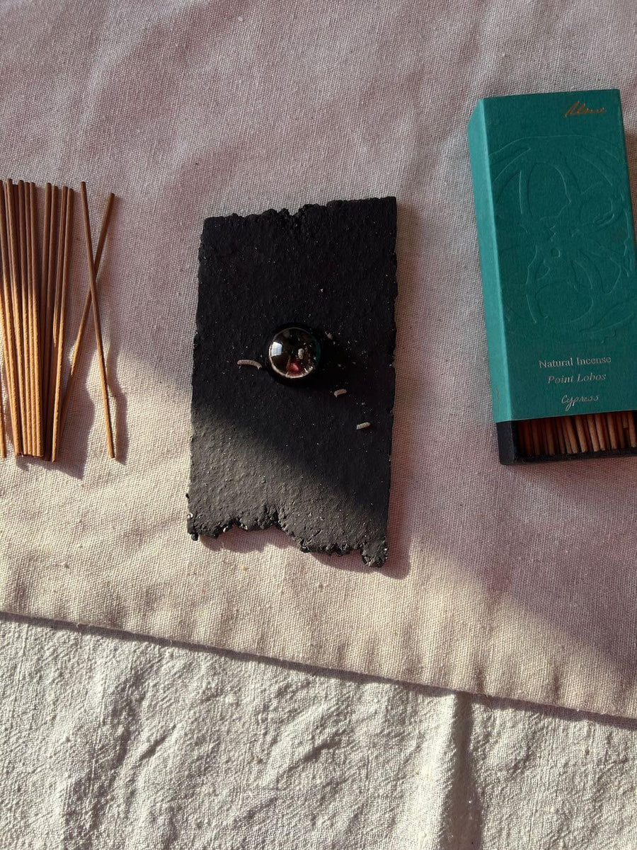 Raw Black Stoneware Flat Rectangle Incense Holder