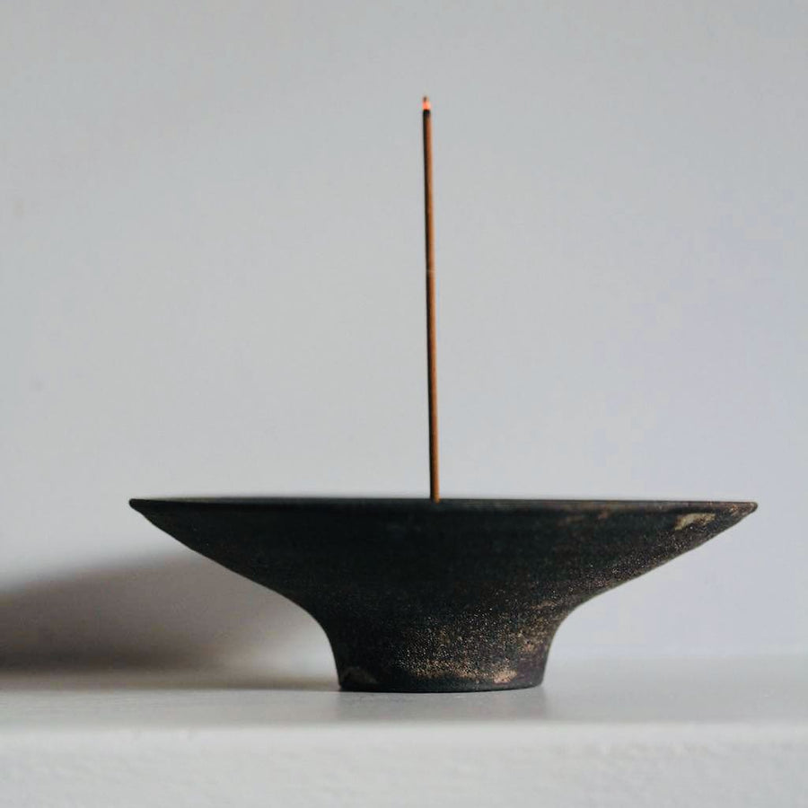 Incense Holder. Raw Black Stoneware Incense Bowl, Cloud Glaze.