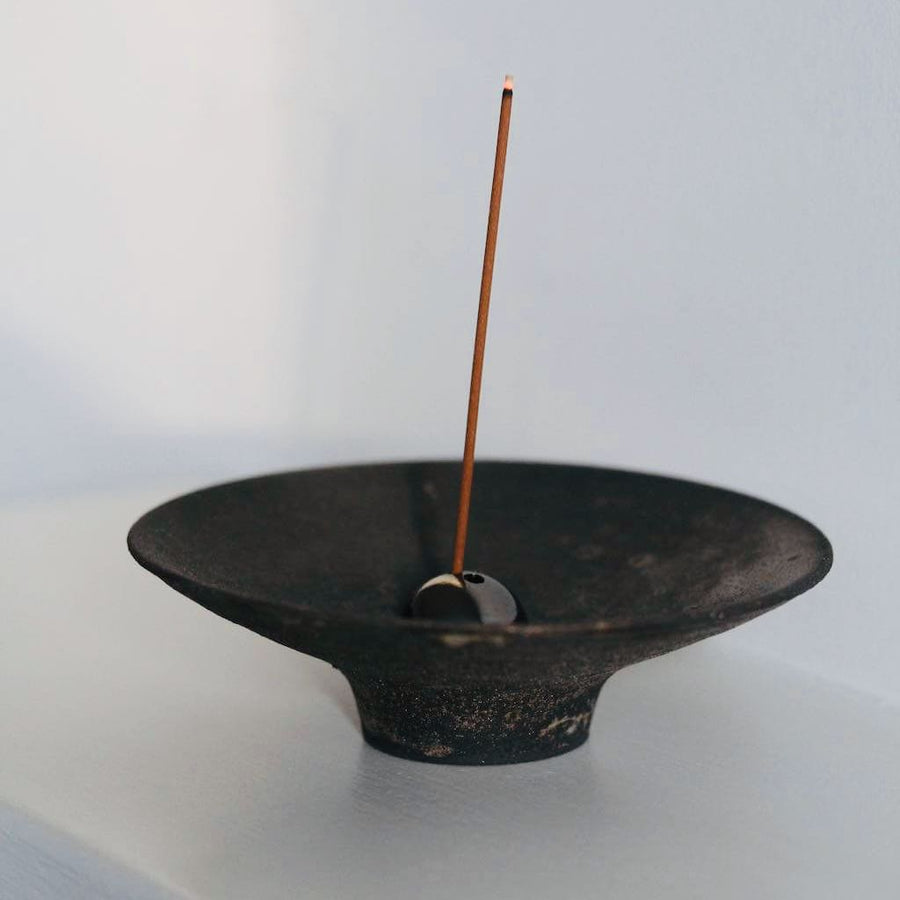 Incense Holder. Raw Black Stoneware Incense Bowl, Cloud Glaze.