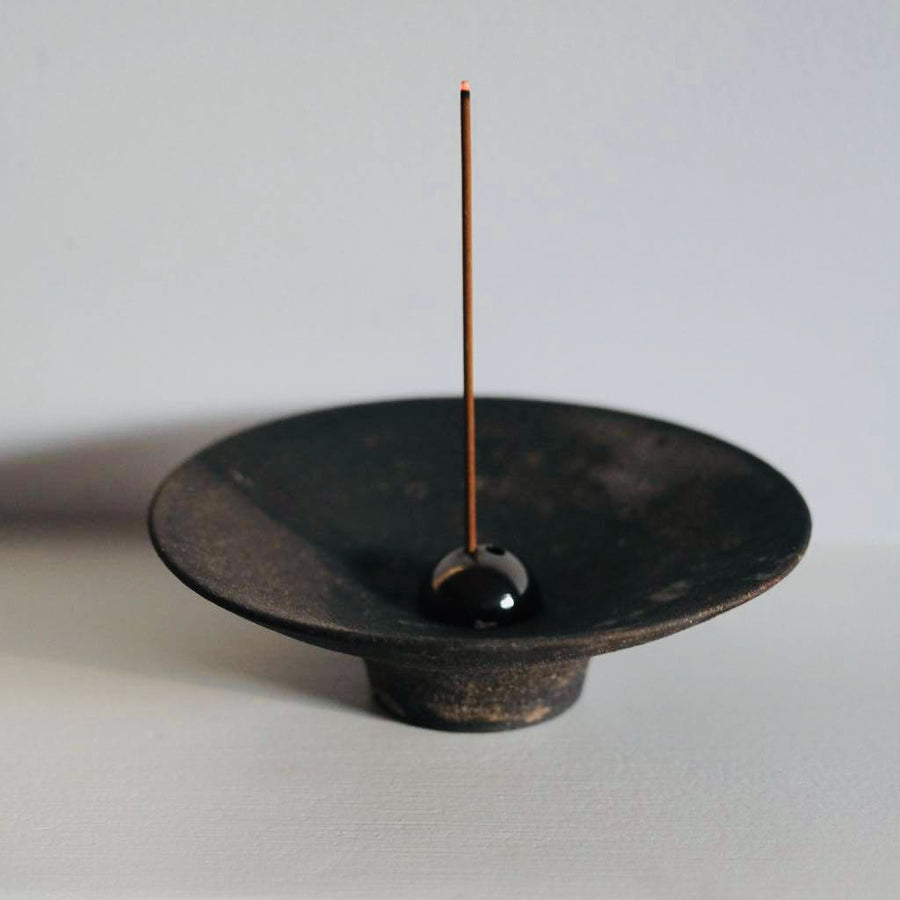 Incense Holder. Raw Black Stoneware Incense Bowl, Cloud Glaze.