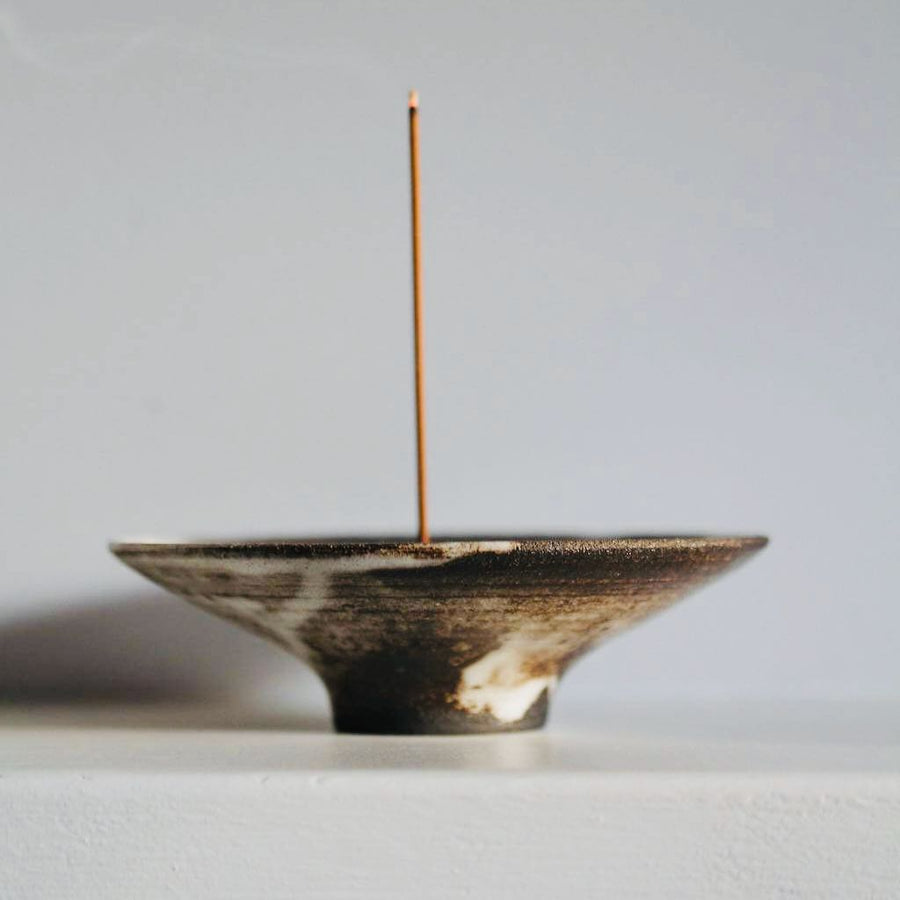 Incense Holder. Raw Black Stoneware Incense Bowl, Cloud Glaze.