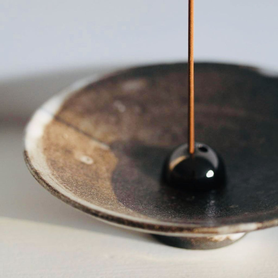 Incense Holder. Raw Black Stoneware Incense Bowl, Cloud Glaze.