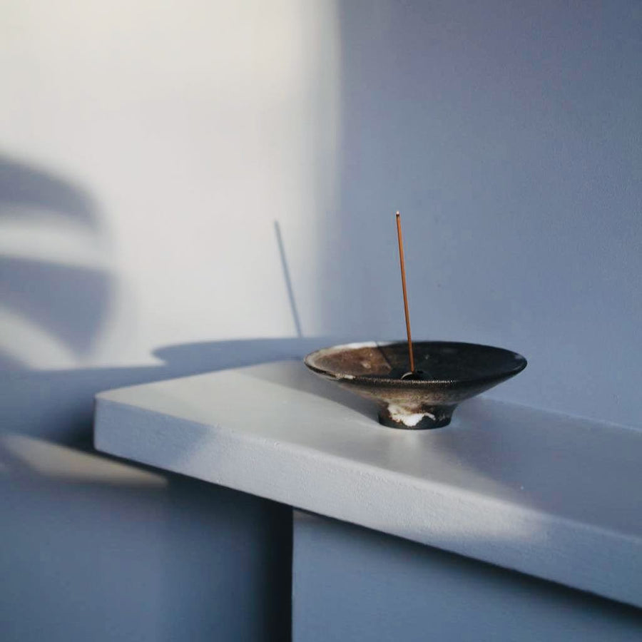 Incense Holder. Raw Black Stoneware Incense Bowl, Cloud Glaze.
