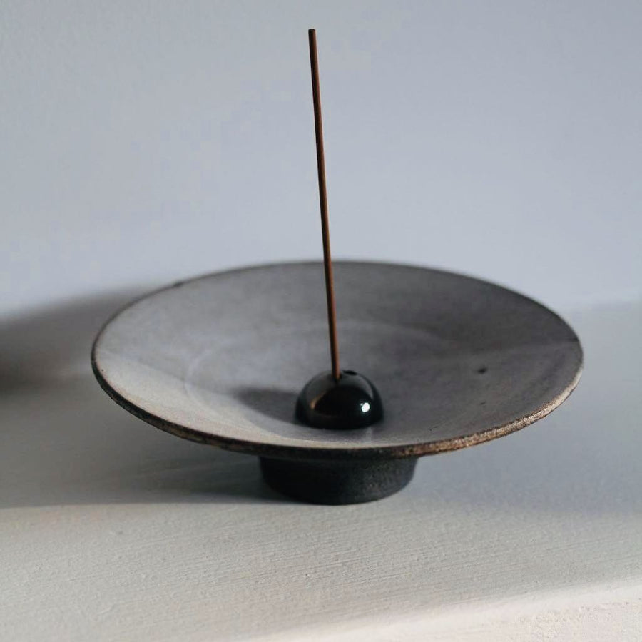 Incense Holder. Raw Black Stoneware Incense Bowl, Cloud Glaze.