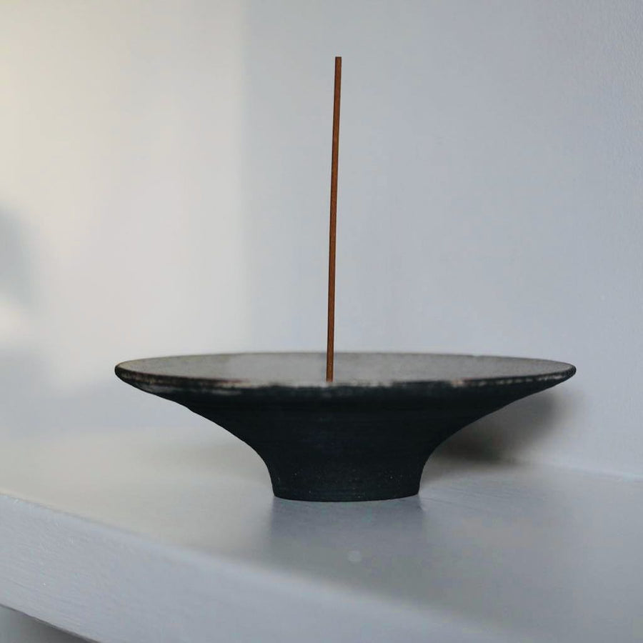 Incense Holder. Raw Black Stoneware Incense Bowl, Cloud Glaze.