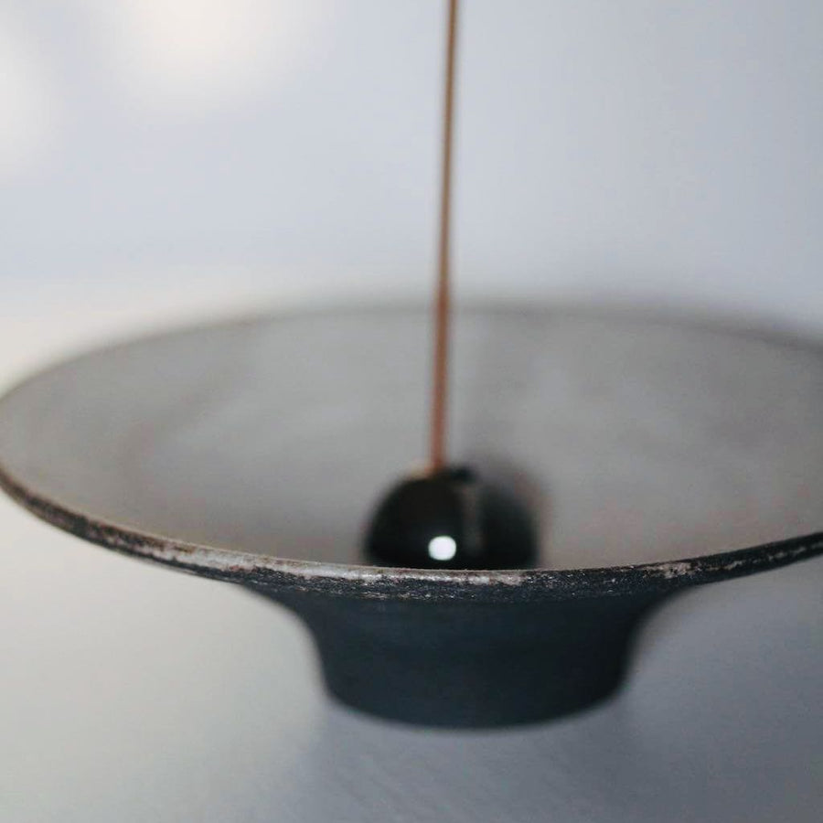 Incense Holder. Raw Black Stoneware Incense Bowl, Cloud Glaze.