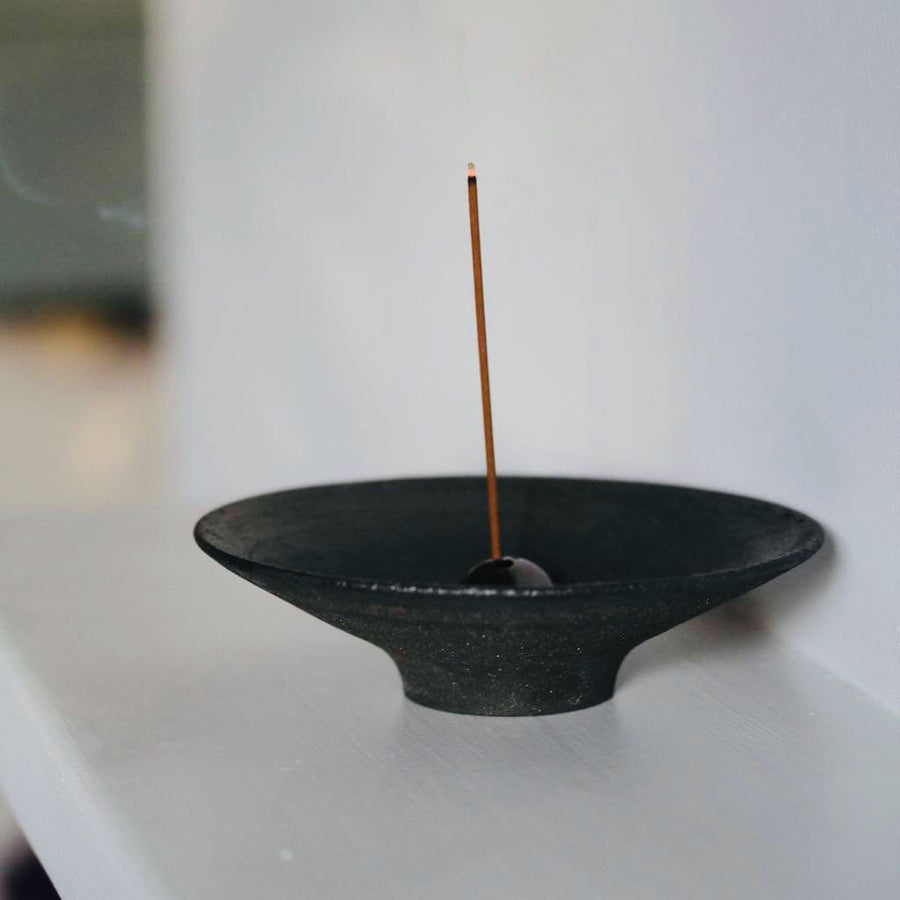Incense Holder. Raw Black Stoneware Incense Bowl, Cloud Glaze.