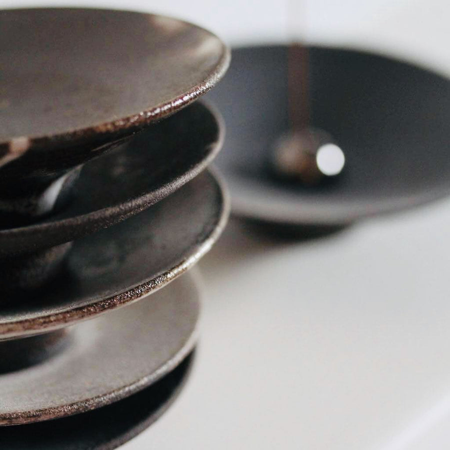 Incense Holder. Raw Black Stoneware Incense Bowl, Cloud Glaze.