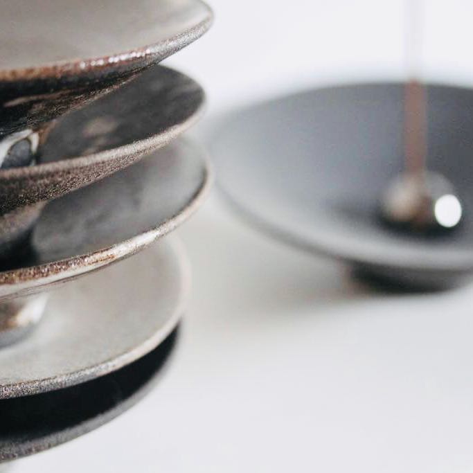 Incense Holder. Raw Black Stoneware Incense Bowl, Cloud Glaze.