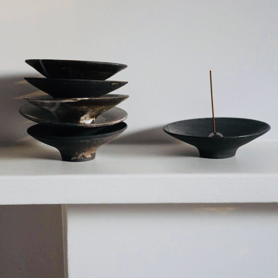 Incense Holder. Raw Black Stoneware Incense Bowl, Cloud Glaze.