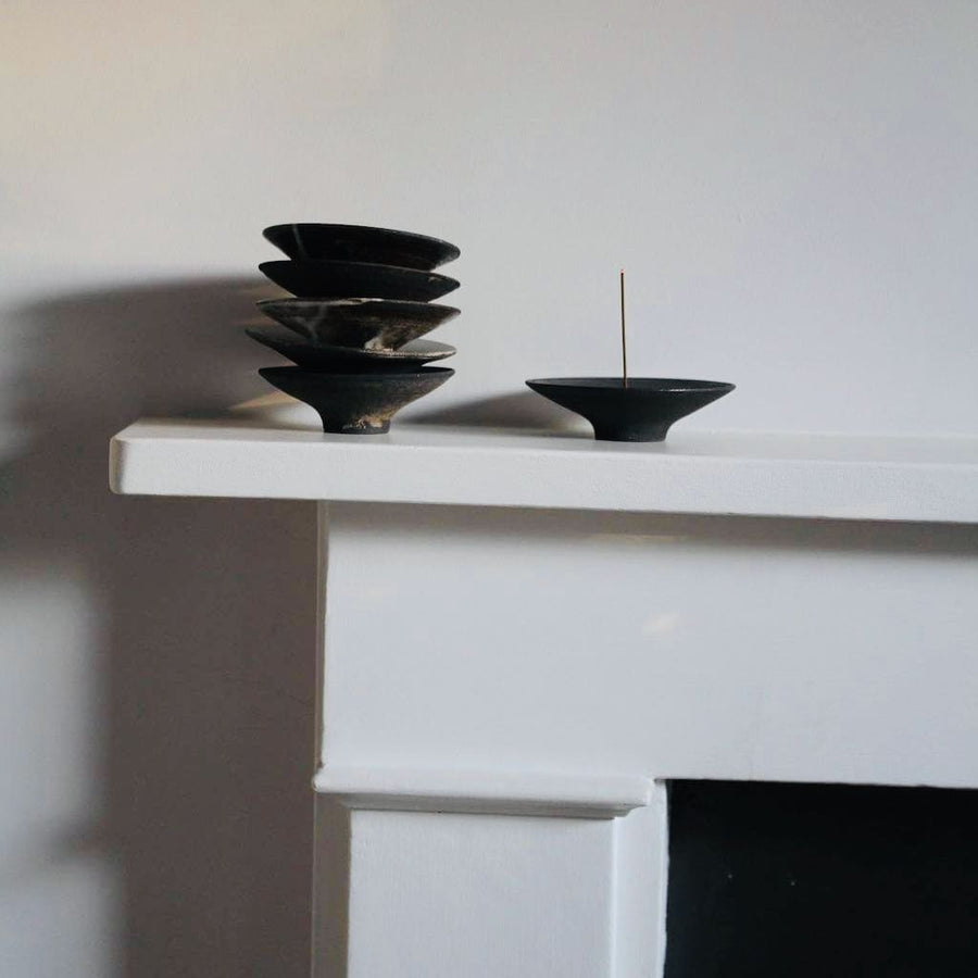 Incense Holder. Raw Black Stoneware Incense Bowl, Cloud Glaze.