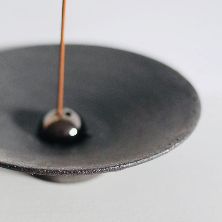 Incense Holder. Raw Black Stoneware Incense Bowl, Cloud Glaze.