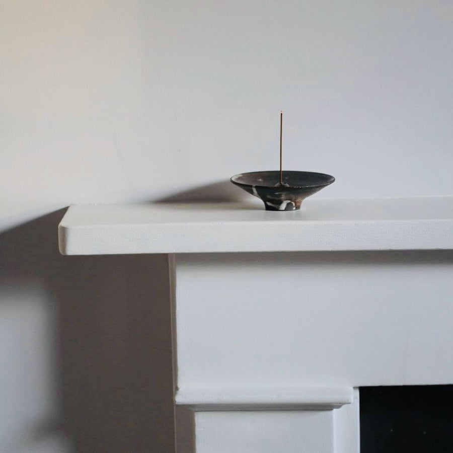 Incense Holder. Raw Black Stoneware Incense Bowl, Cloud Glaze.