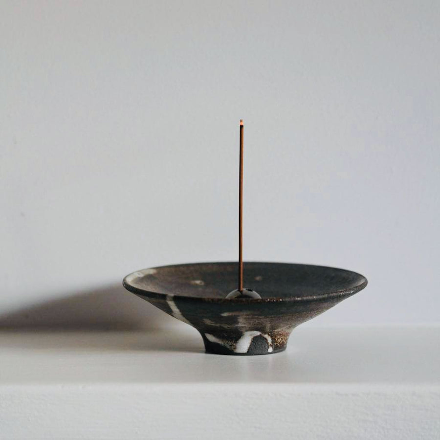 Incense Holder. Raw Black Stoneware Incense Bowl, Cloud Glaze.