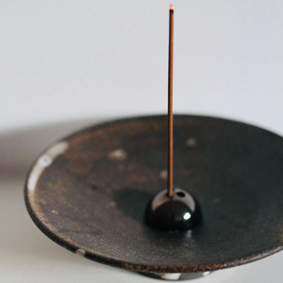 Incense Holder. Raw Black Stoneware Incense Bowl, Cloud Glaze.