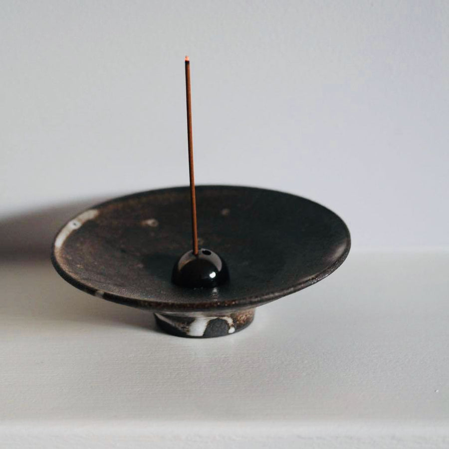 Incense Holder. Raw Black Stoneware Incense Bowl, Cloud Glaze.