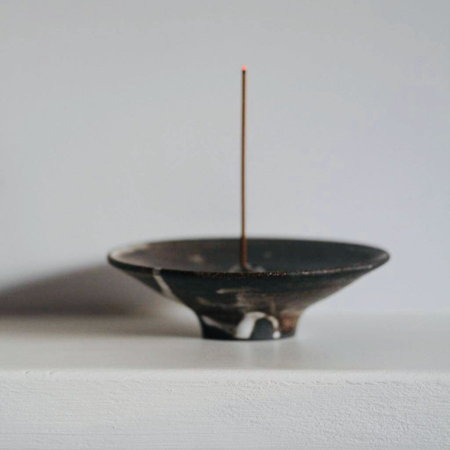 Incense Holder. Raw Black Stoneware Incense Bowl, Cloud Glaze.