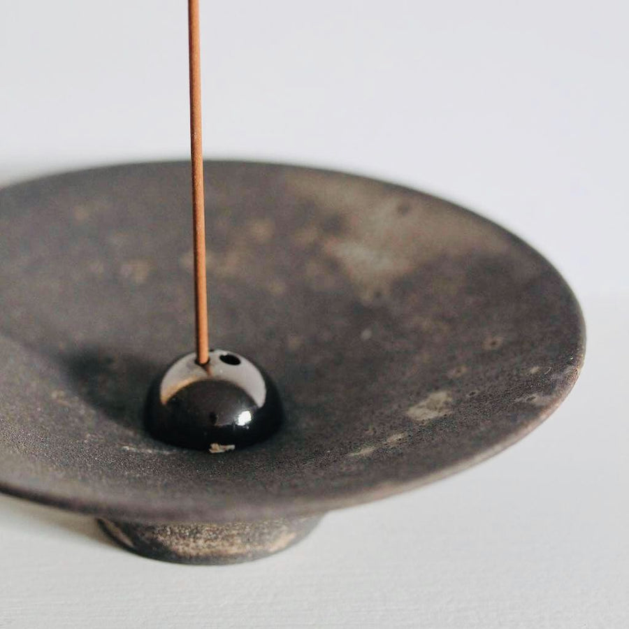 Incense Holder. Raw Black Stoneware Incense Bowl, Cloud Glaze.