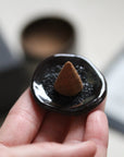 Hand holding a black incense holder with a cone inside, blurred background